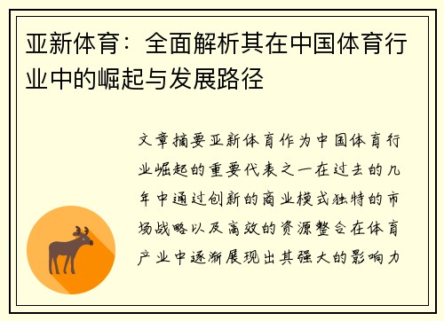 亚新体育：全面解析其在中国体育行业中的崛起与发展路径